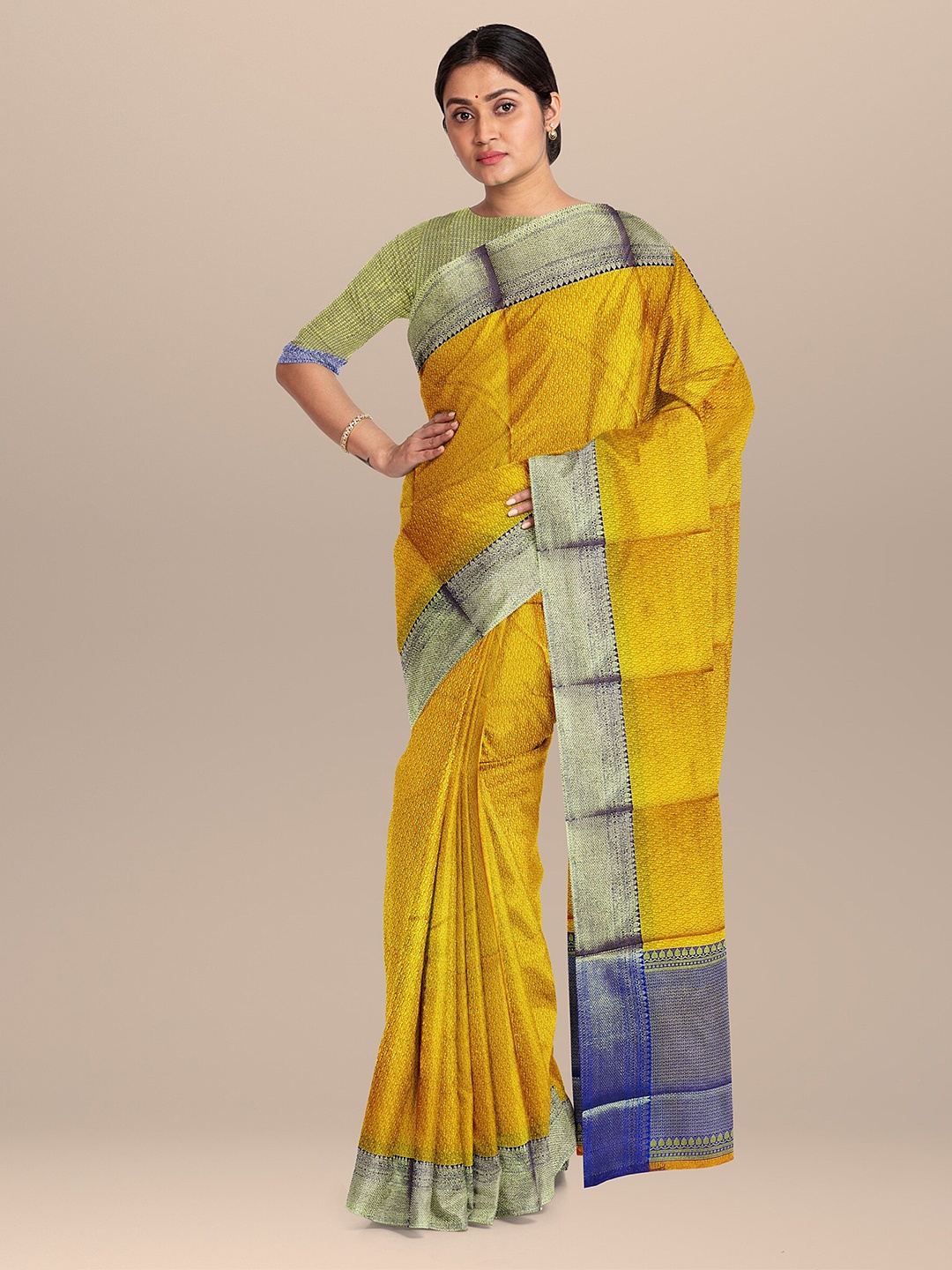 

The Chennai Silks Yellow & Blue Woven Design Zari Organza Fusion Banarasi Saree