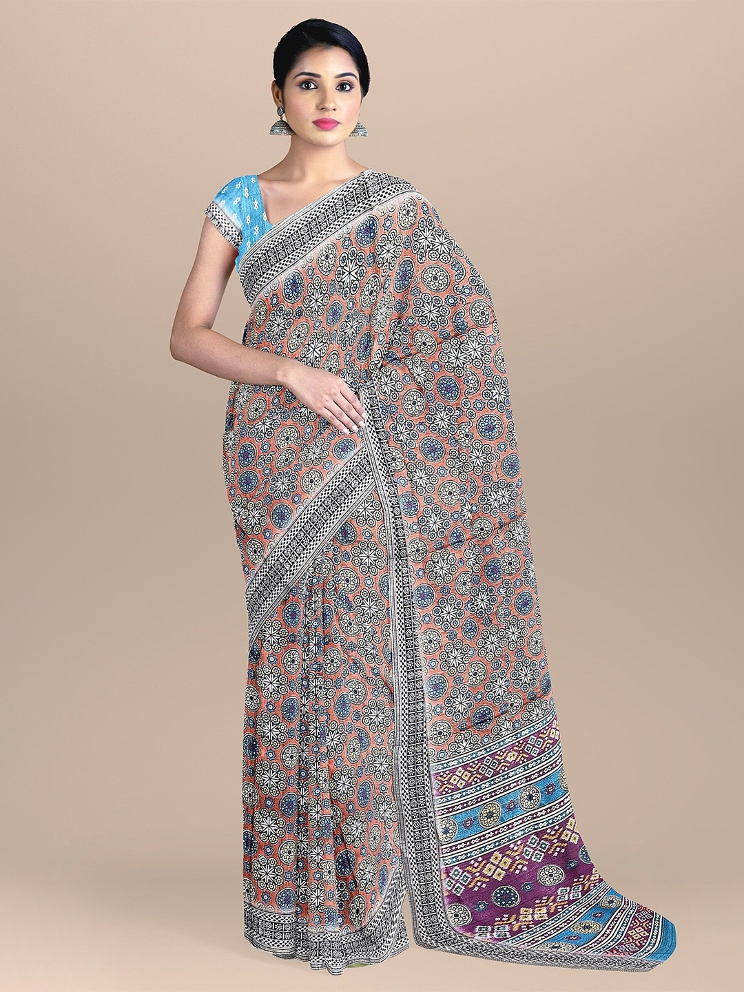 

The Chennai Silks Rust & Blue Ethnic Motifs Bhagalpuri Saree