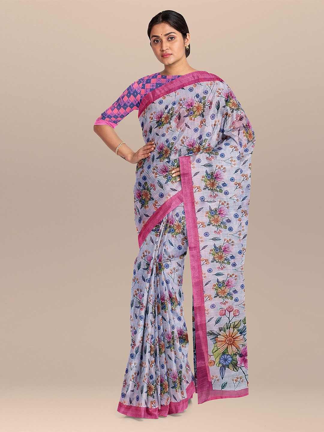 

The Chennai Silks Pink & Cream Floral Printed Linen Blend Saree