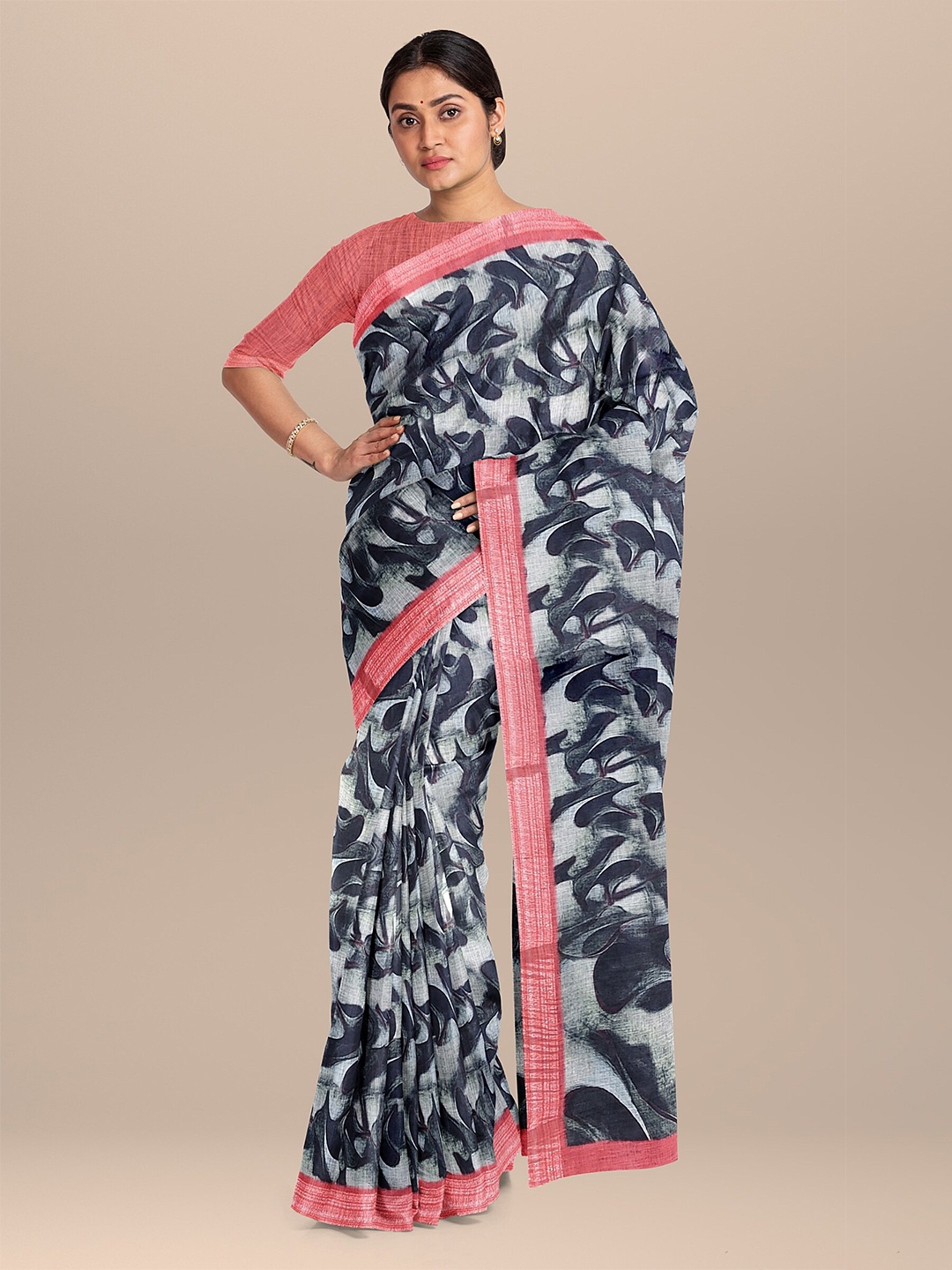 

The Chennai Silks Grey & Pink Zari Linen Blend Saree