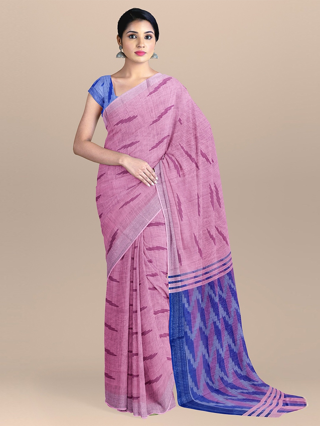 

The Chennai Silks Women Pink & Blue Zari Linen Blend Saree