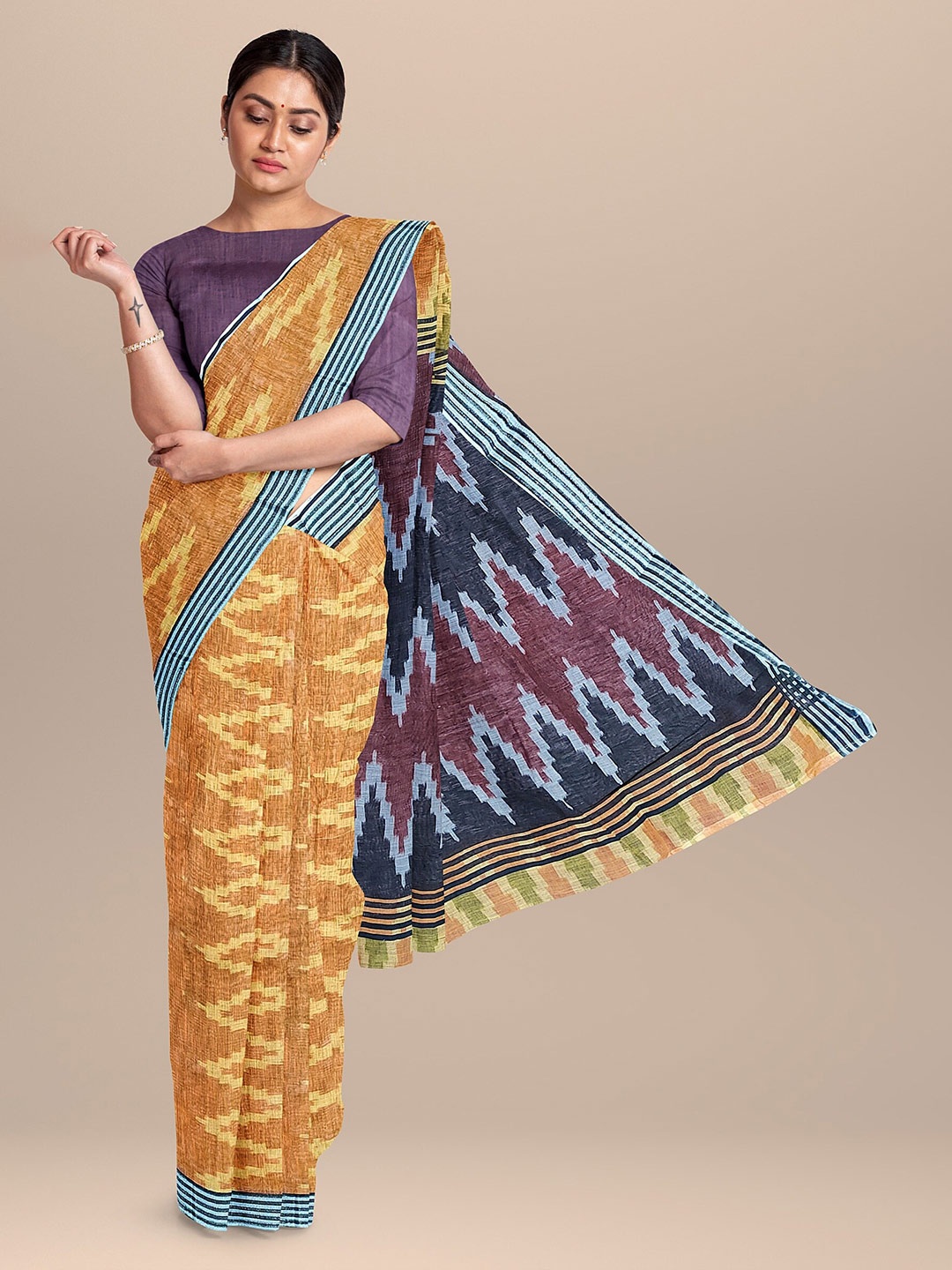 

The Chennai Silks Orange & Blue Linen Blend Fusion Saree