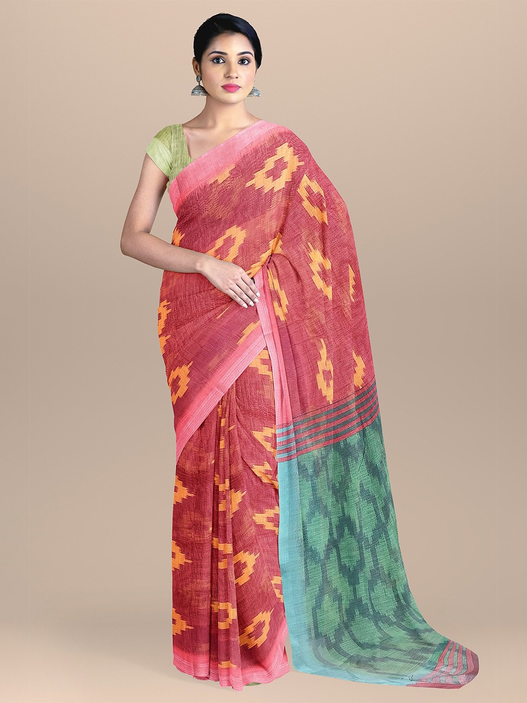 

The Chennai Silks Red & Yellow Zari Linen Blend Fusion Saree