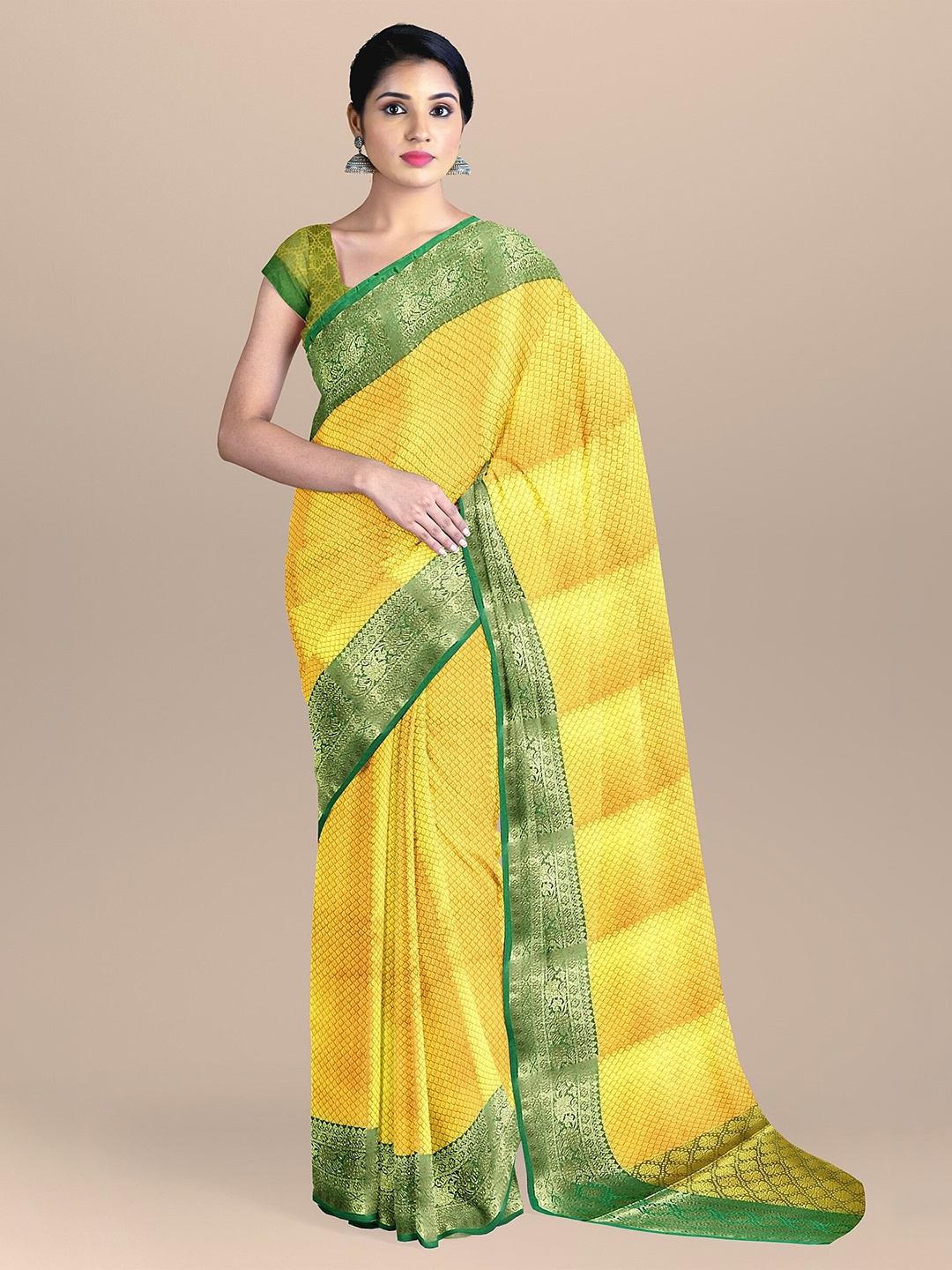 

The Chennai Silks Yellow & Green Woven Design Zari Organza Fusion Banarasi Saree