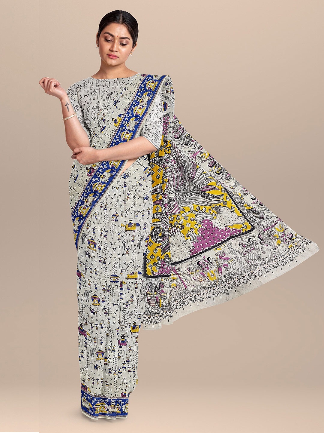 

The Chennai Silks Beige & Purple Kalamkari Pure Cotton Fusion Saree