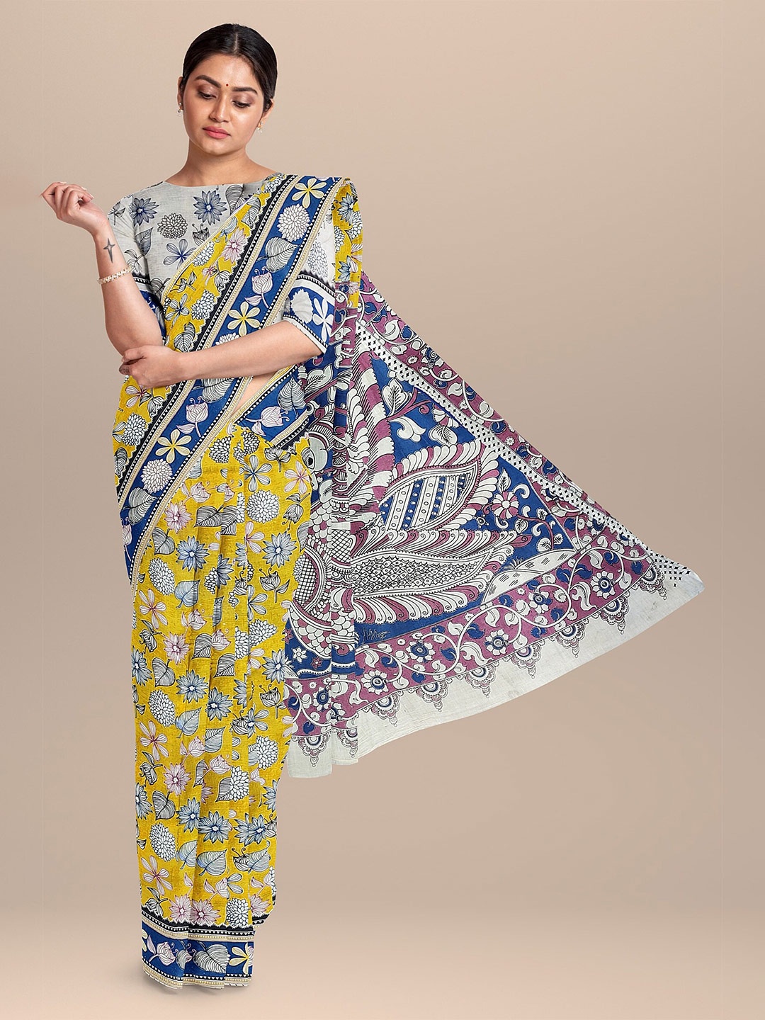 

The Chennai Silks Mustard & Blue Kalamkari Pure Cotton Fusion Saree