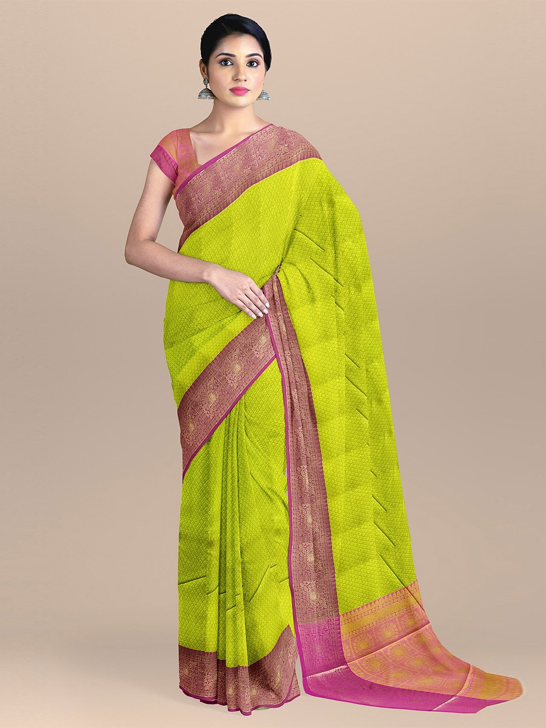 

The Chennai Silks Fluorescent Green & Pink Woven Design Zari Organza Banarasi Saree