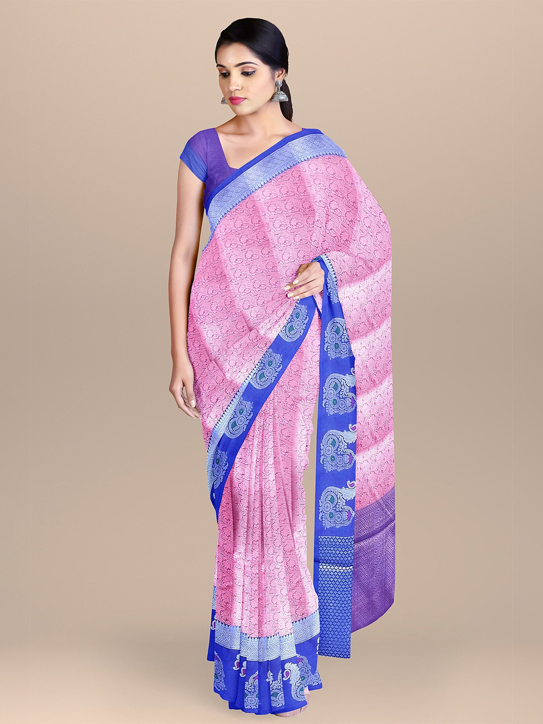 

The Chennai Silks Pink & Blue Woven Design Zari Organza Fusion Banarasi Saree