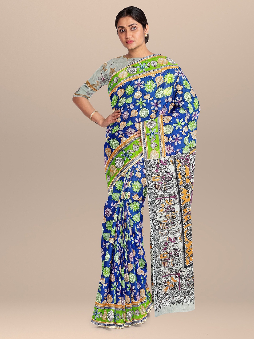 

The Chennai Silks Navy Blue & Green Floral Pure Cotton Saree