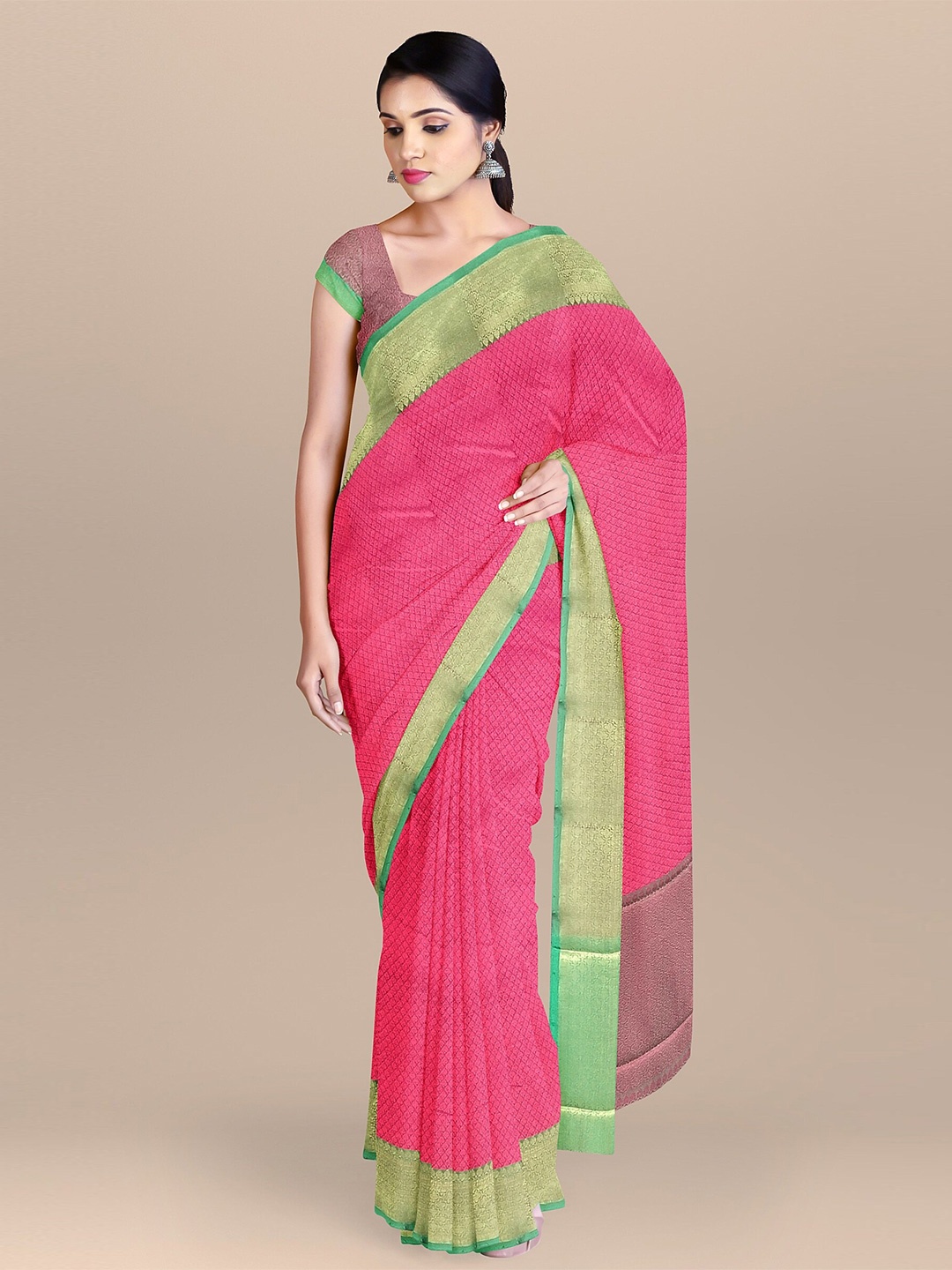 

The Chennai Silks Red & Green Woven Design Zari Organza Fusion Banarasi Saree