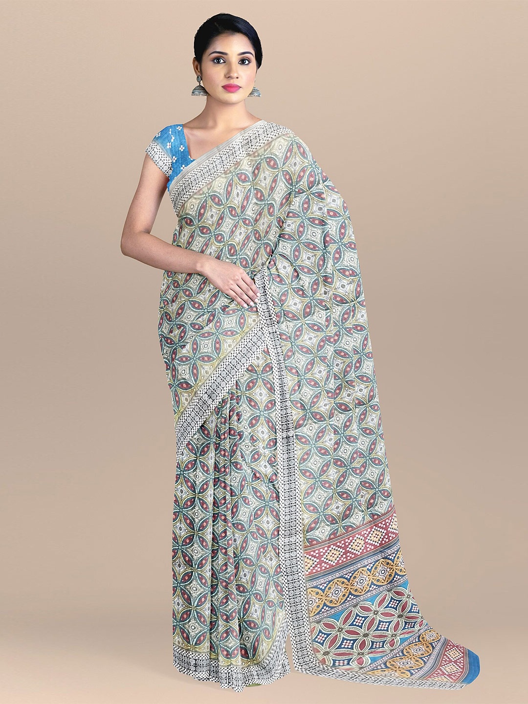 

The Chennai Silks Grey & Brown Printed Bhagalpuri Cotton Blend Saree