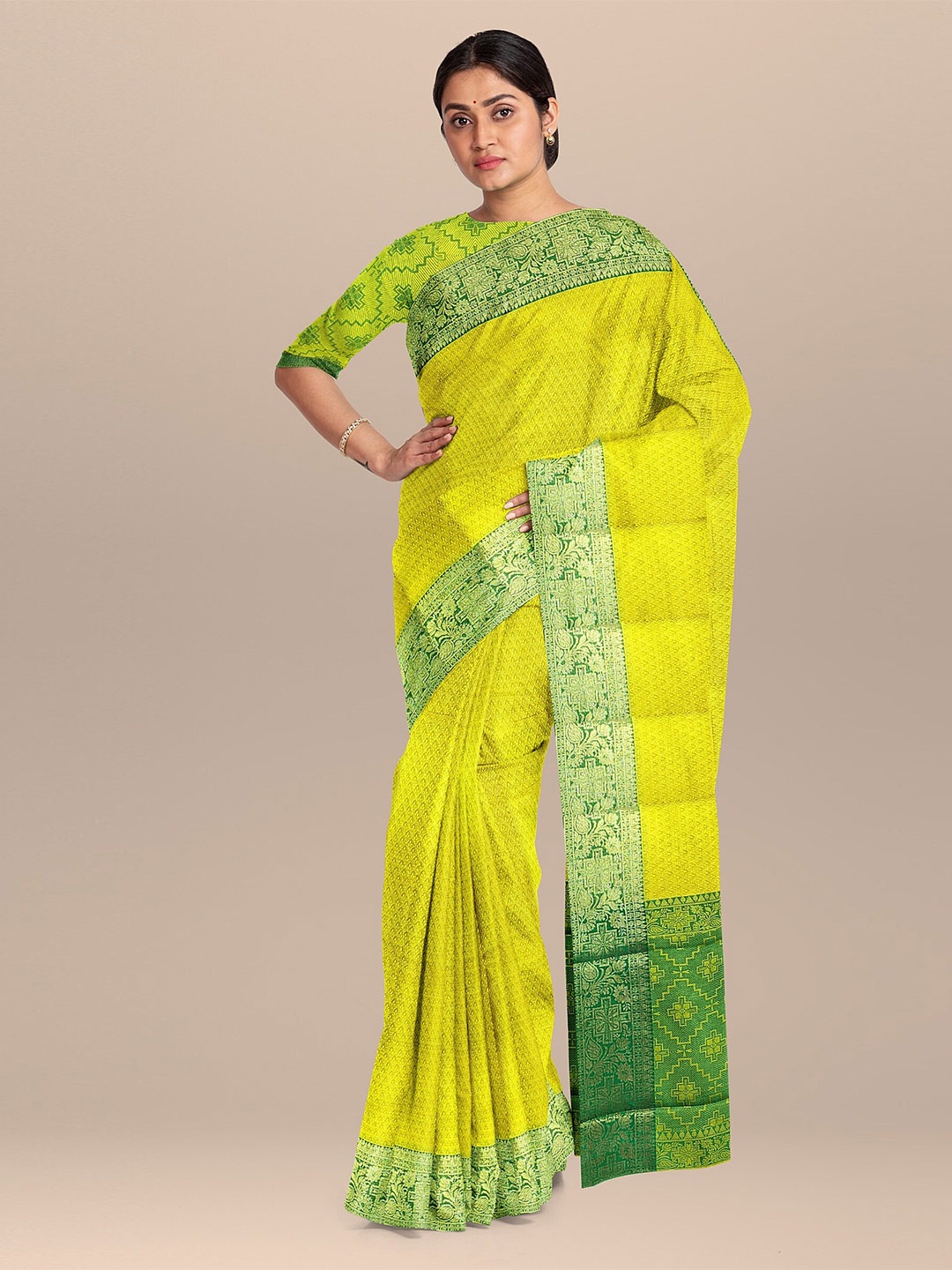 

The Chennai Silks Yellow & Green Woven Design Zari Organza Fusion Banarasi Saree