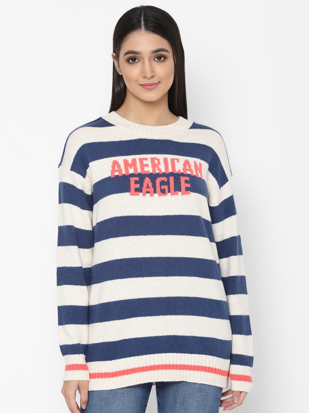 

AMERICAN EAGLE OUTFITTERS Women Blue & White Striped Longline Pullover