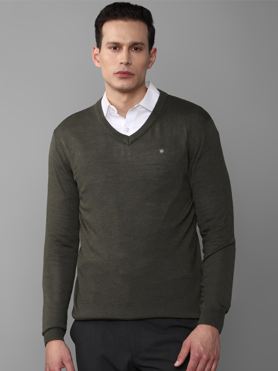 

Louis Philippe Men Olive Green V Neck Cotton Pullover