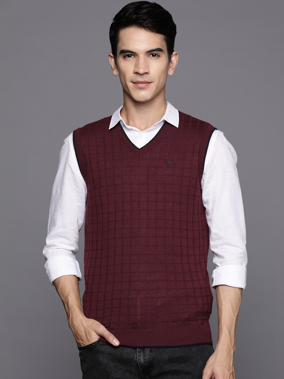 

Louis Philippe Solid V-Neck Checked Sweater Vest, Maroon