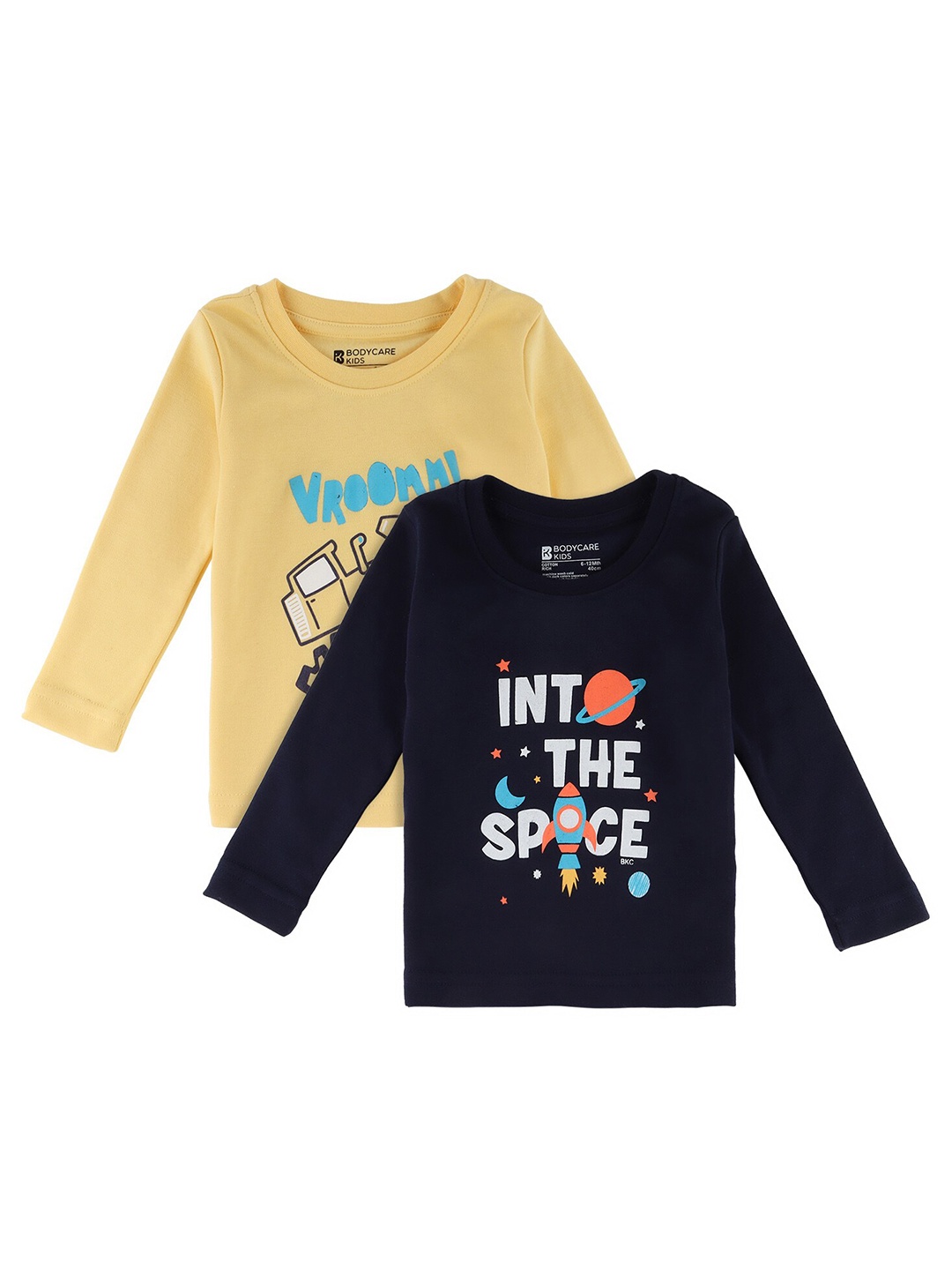 

Bodycare Kids Boys Yellow And Navy Blue Typography 2 Printed T-shirt