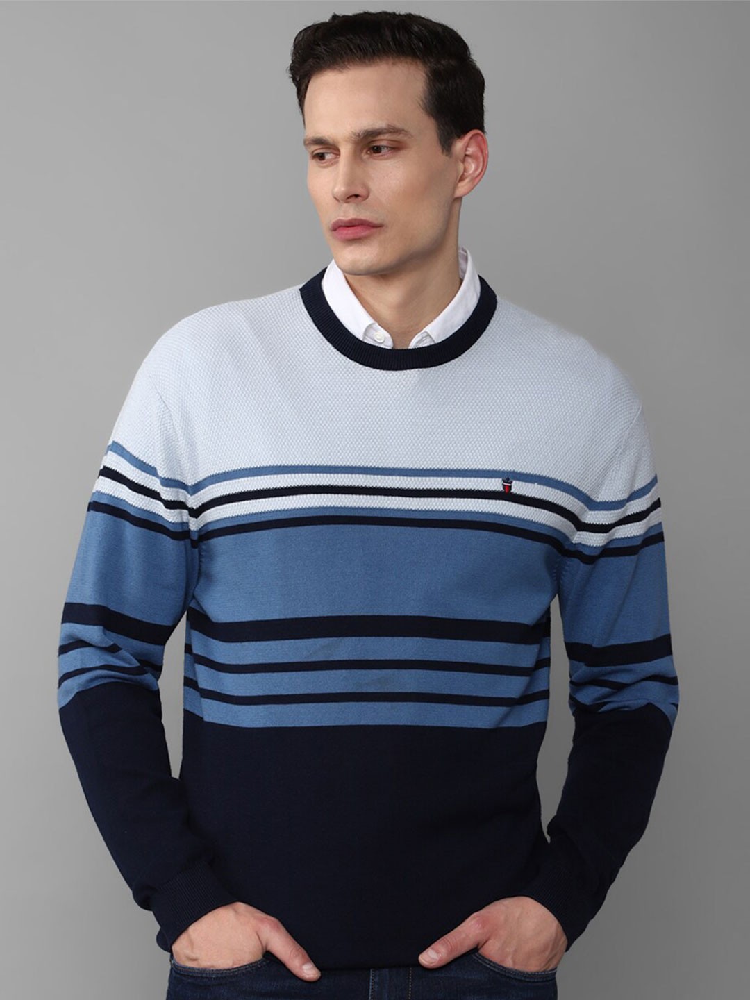 

Louis Philippe Jeans Men Pure cotton Blue & Black Striped Printed Pullover