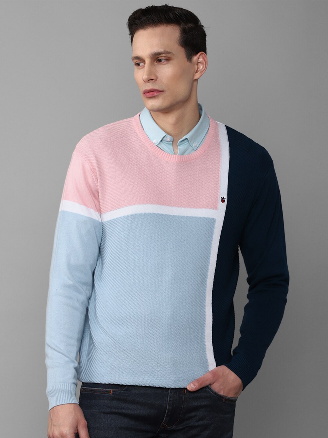

Louis Philippe Sport Men Pink & Blue Cotton Color Blocked Pullover