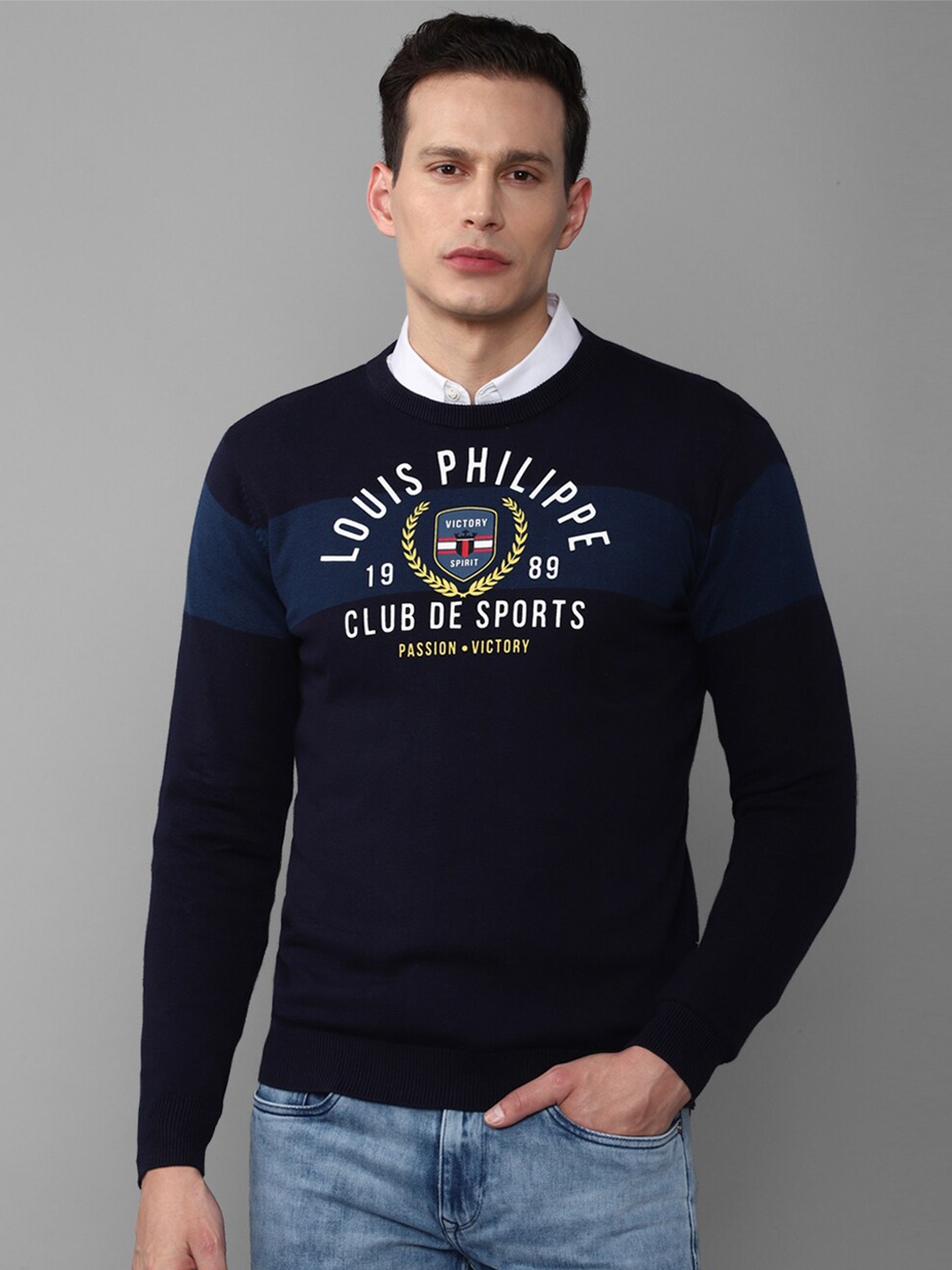

Louis Philippe Sport Men Navy Blue & White Typography Printed Pullover