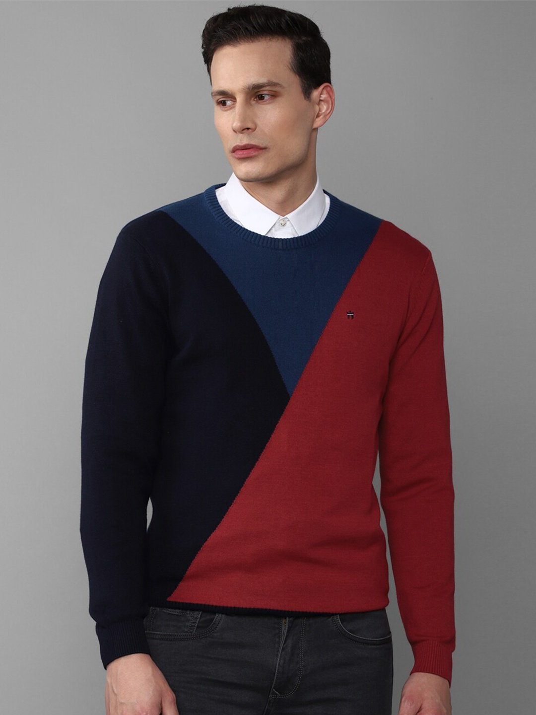 

Louis Philippe Sport Men Red & Navy Blue Colourblocked Cotton Pullover