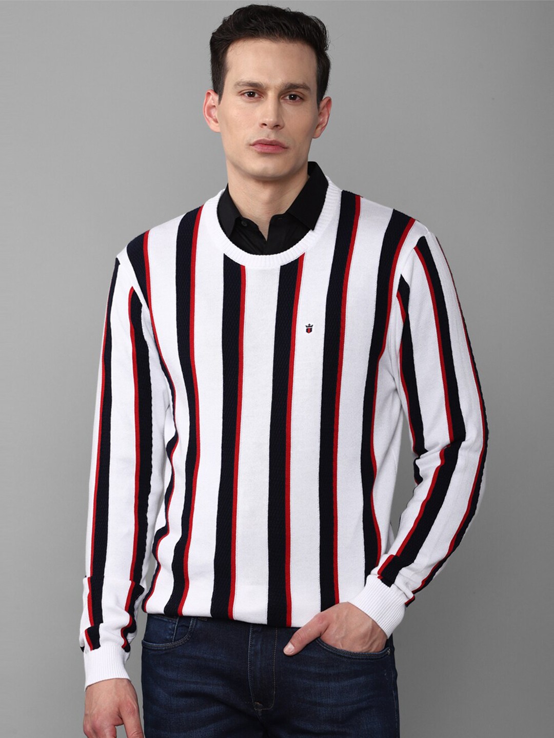 

Louis Philippe Sport Men White & Black Striped Cotton Pullover