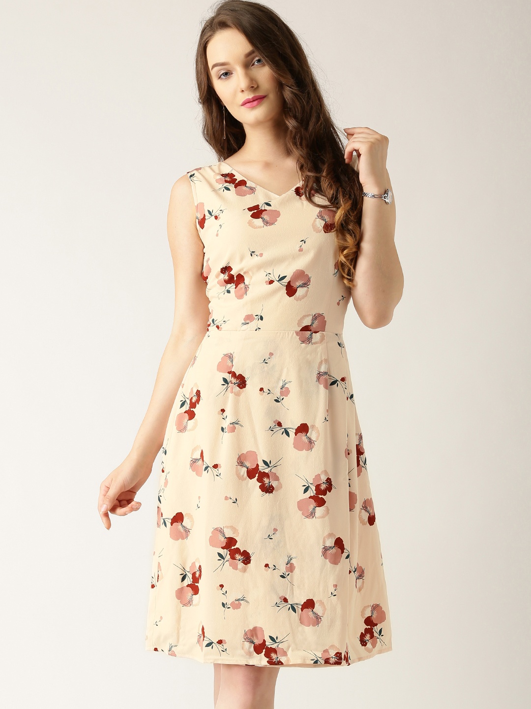 

Marie Claire Women Peach-Coloured Printed Layered Fit & Flare Dress