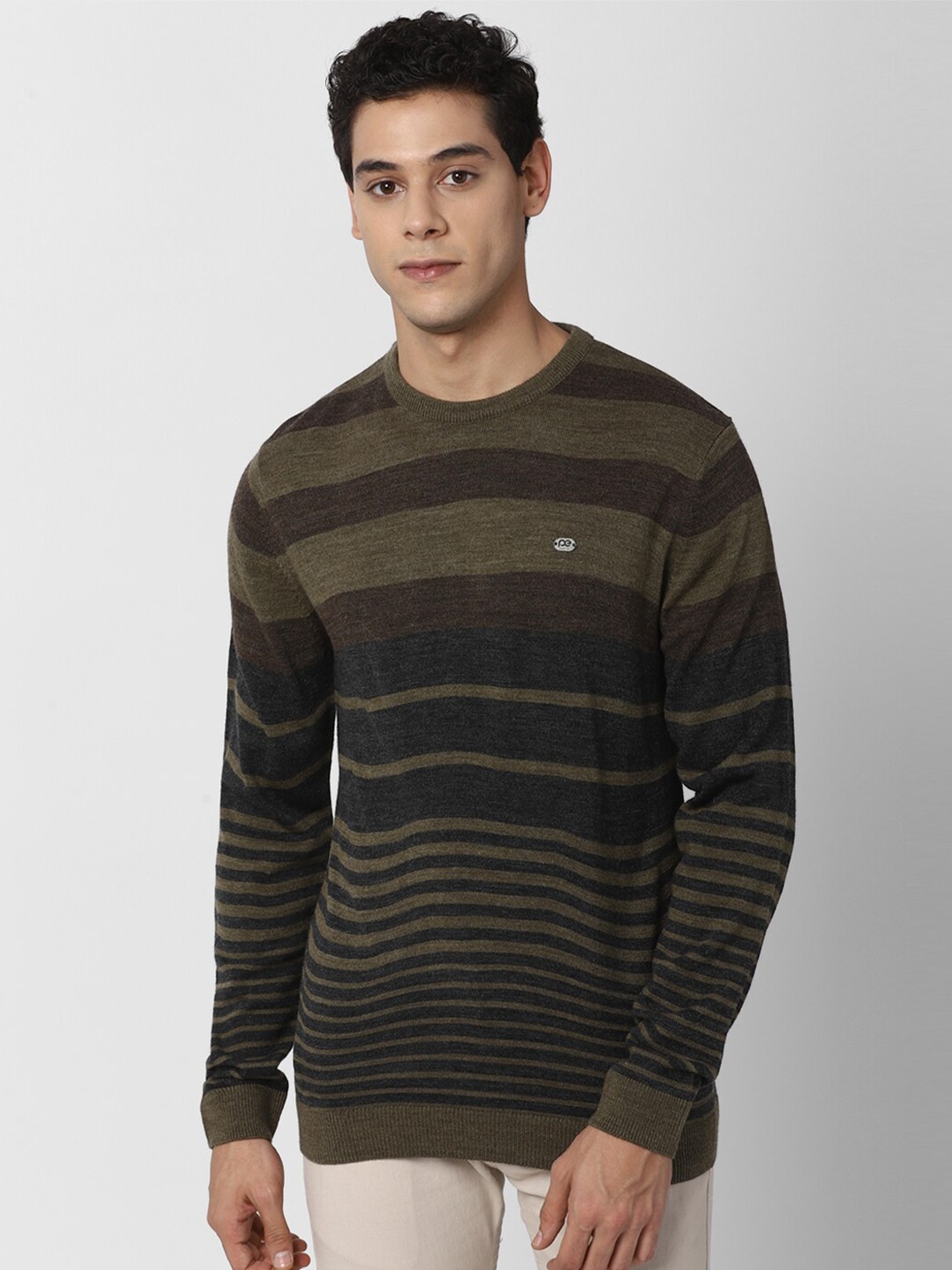 

Peter England Casuals Men Olive Green & Black Striped Pullover