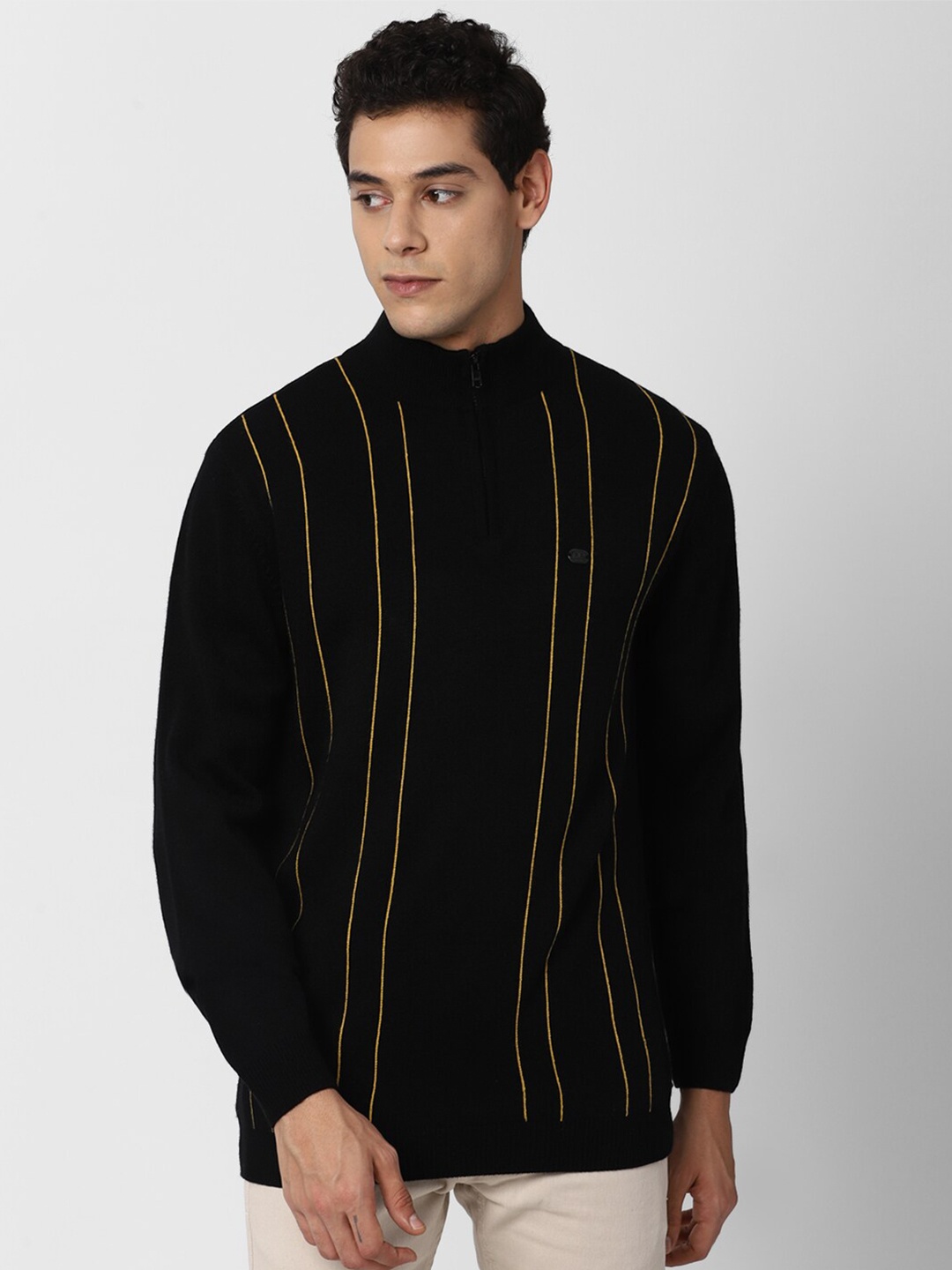 

Peter England Casuals Men Black & Yellow Pure Cotton Striped Cardigan