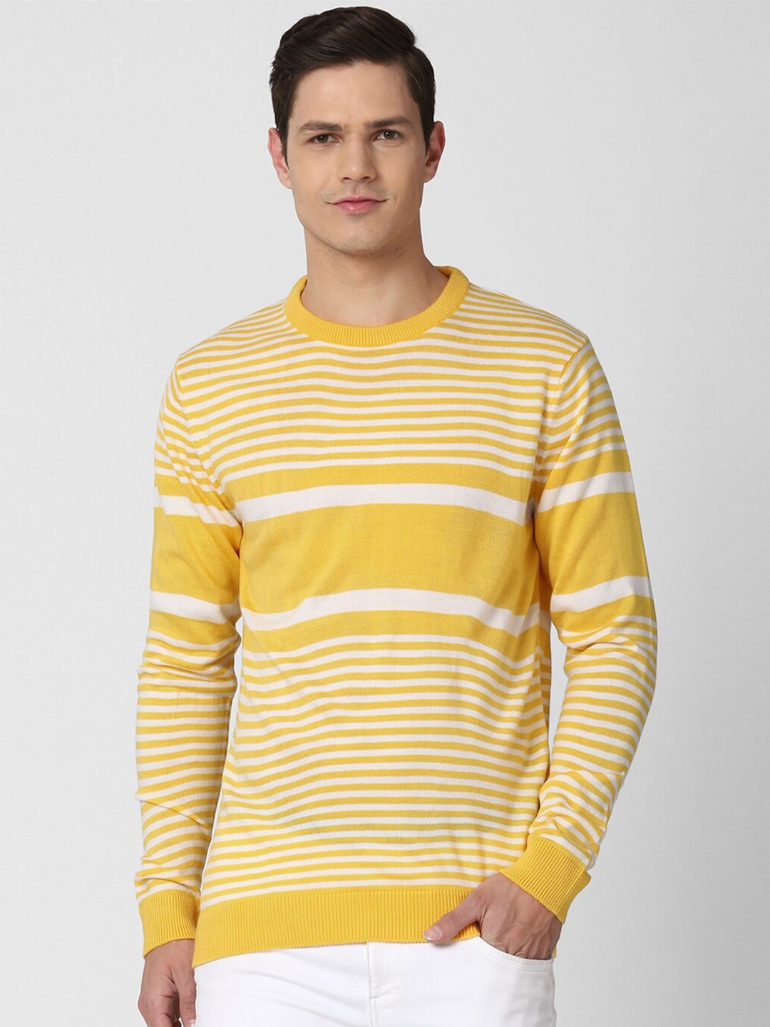 

Peter England Casuals Men Yellow & White Striped Pullover