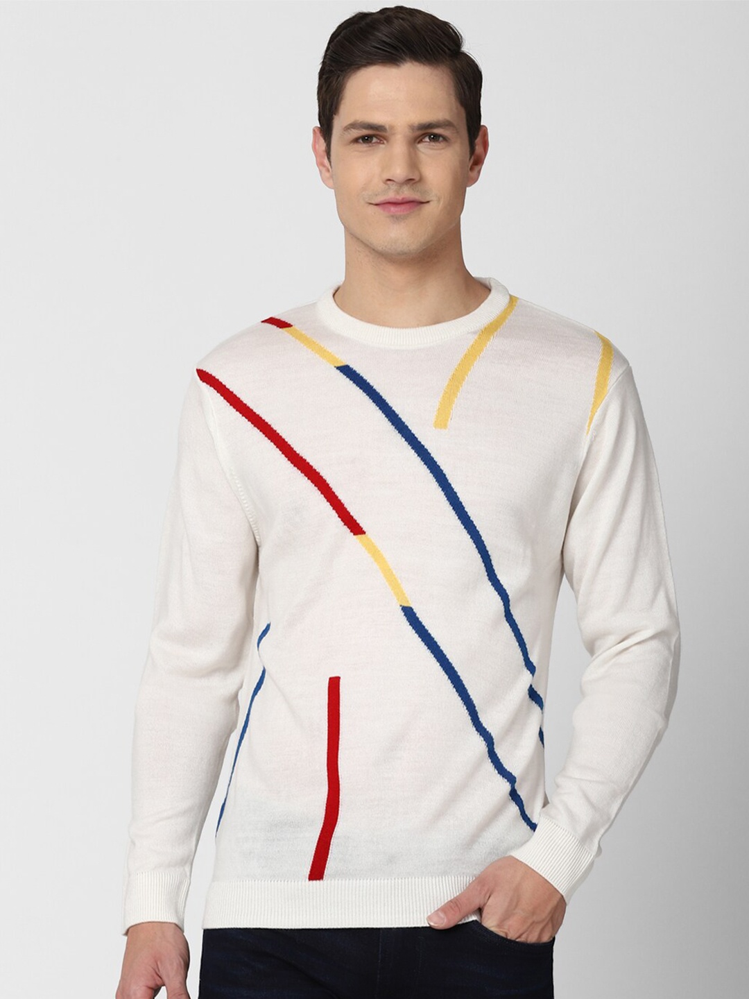 

Peter England Casuals Men White & Blue Striped Sweater