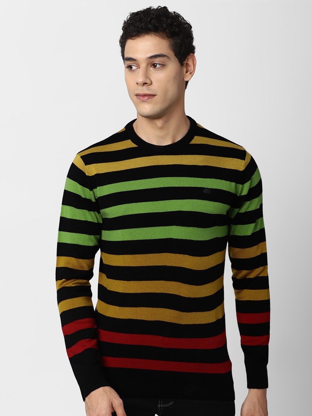 

Peter England Casuals Men Black & Green Striped Acrylic Pullover