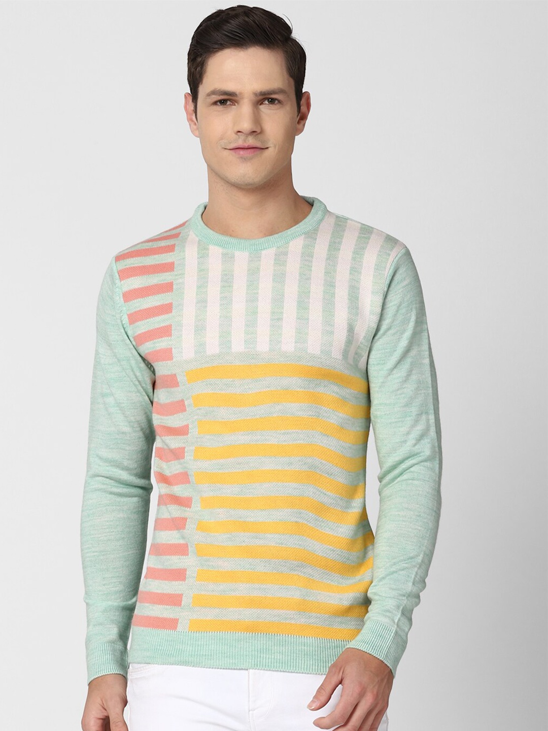 

Peter England Casuals Men Green & Yellow Striped Pullover