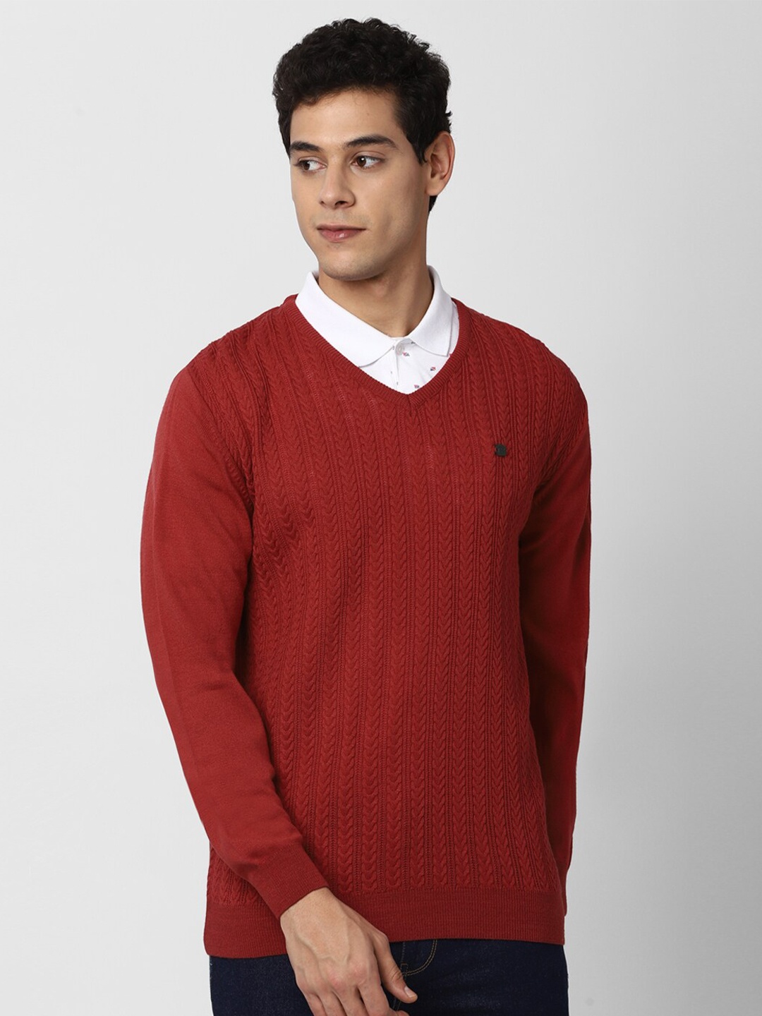 

Peter England Casuals Men Red Cable Knit Pullover