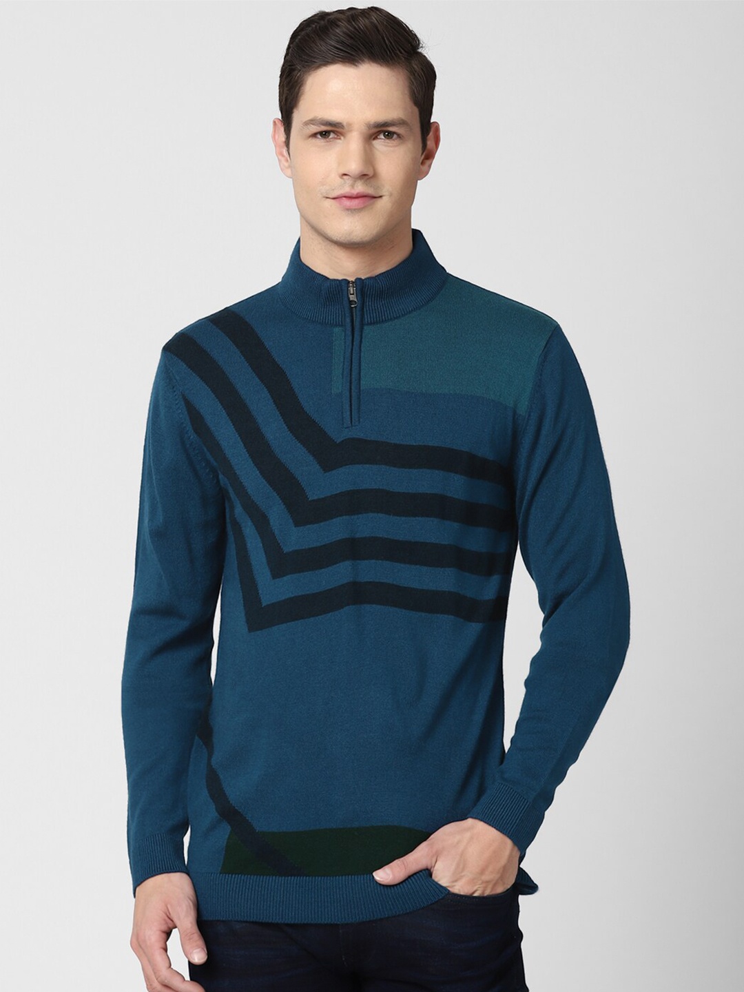 

Peter England Casuals Men Teal & Black Striped Acrylic Pullover