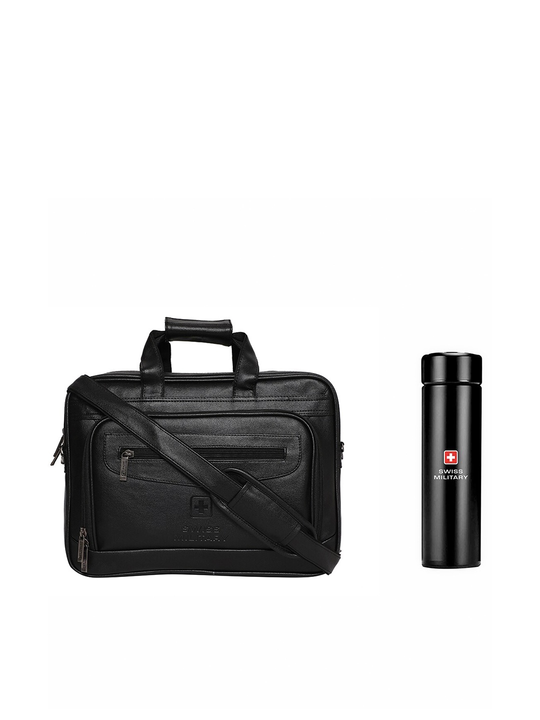 

SWISS MILITARY Unisex Black PU Laptop Bag & Digital Vacuum Flask