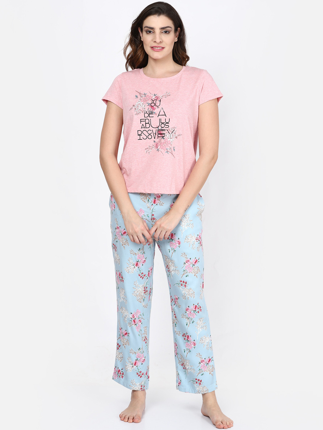 

MAYSIXTY Women Blue & Pink Printed Pure Cotton Night suit