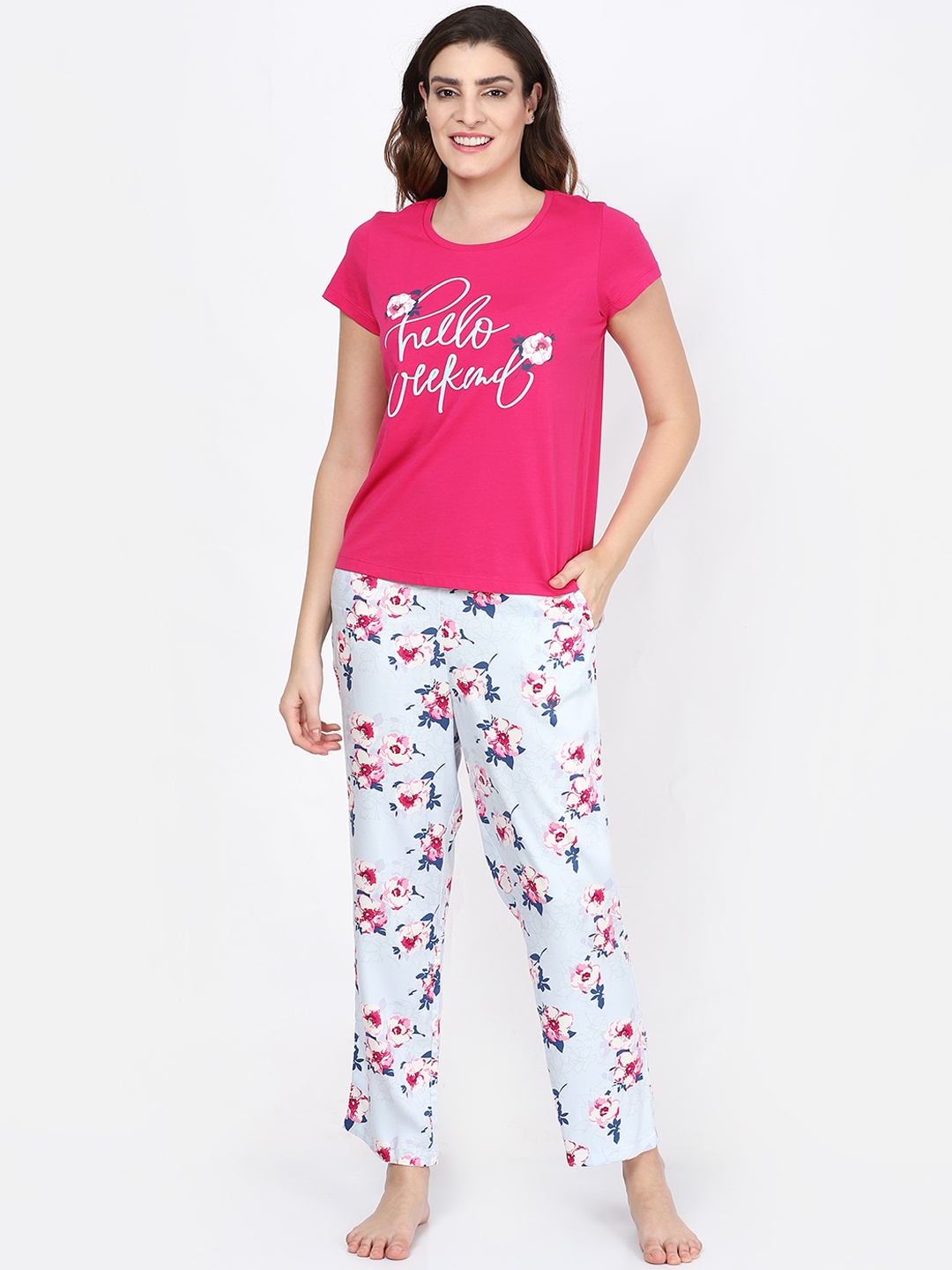 

MAYSIXTY Women Blue & Pink Printed Pure Cotton Night suit