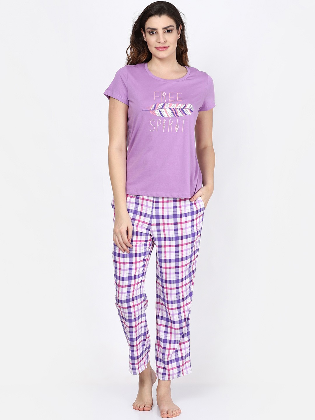 

MAYSIXTY Women Lavender & White Printed Pure Cotton Night suit