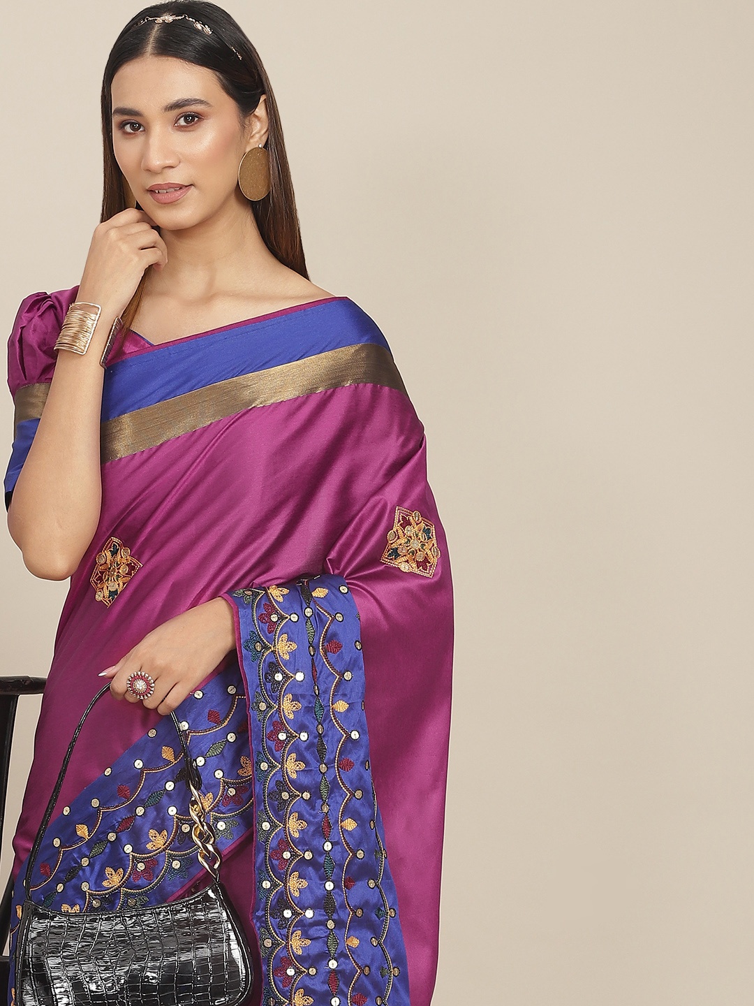 

RAJGRANTH Magenta & Blue Floral Sequinned Silk Cotton Saree