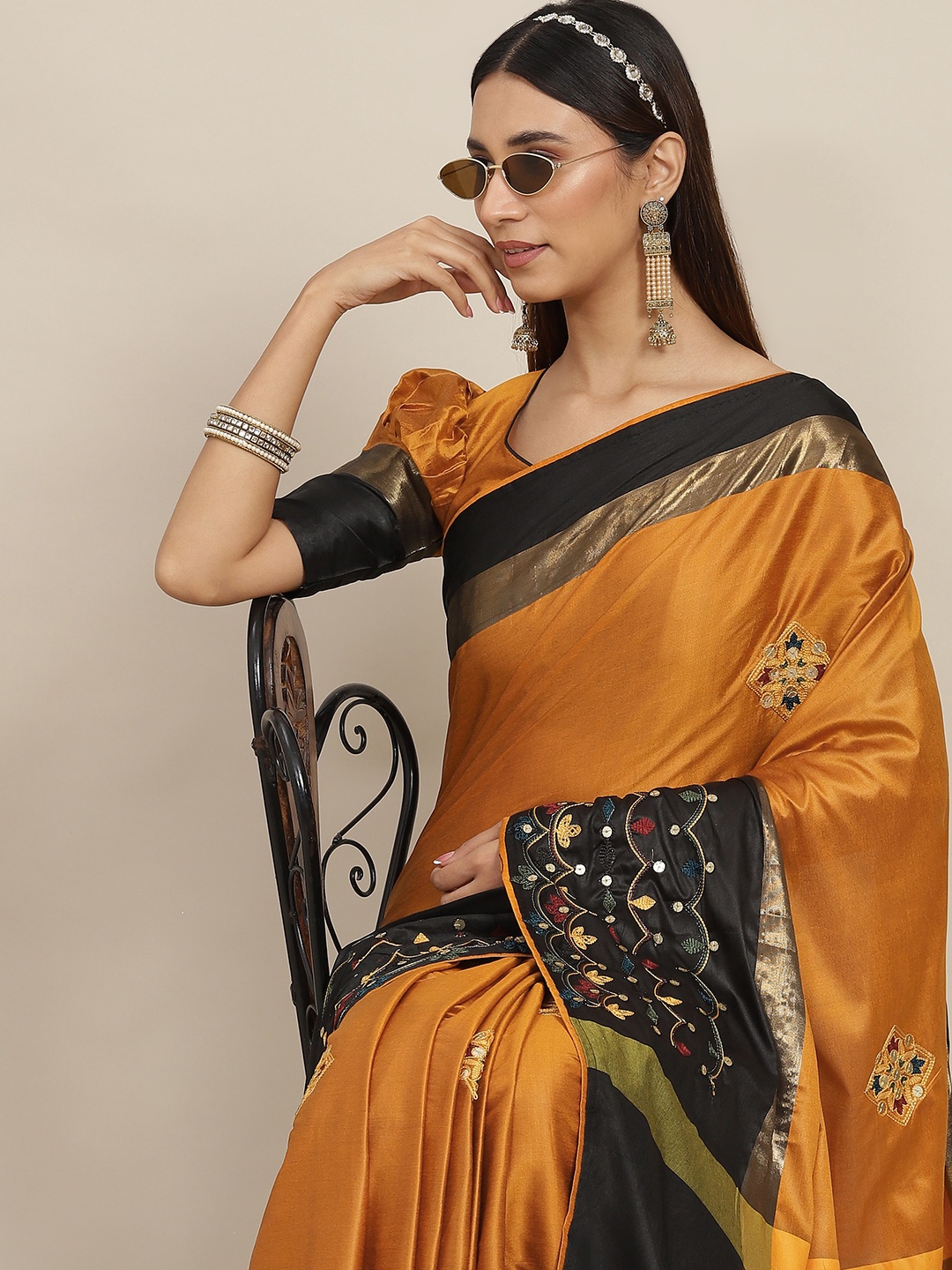 

RAJGRANTH Mustard Yellow & Black Floral Sequinned Silk Cotton Saree