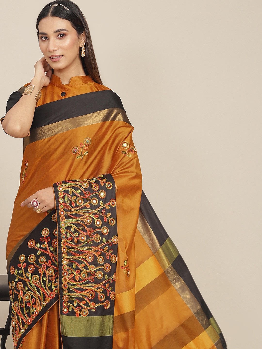 

RAJGRANTH Mustard Yellow & Black Floral Mirror Work Silk Cotton Saree