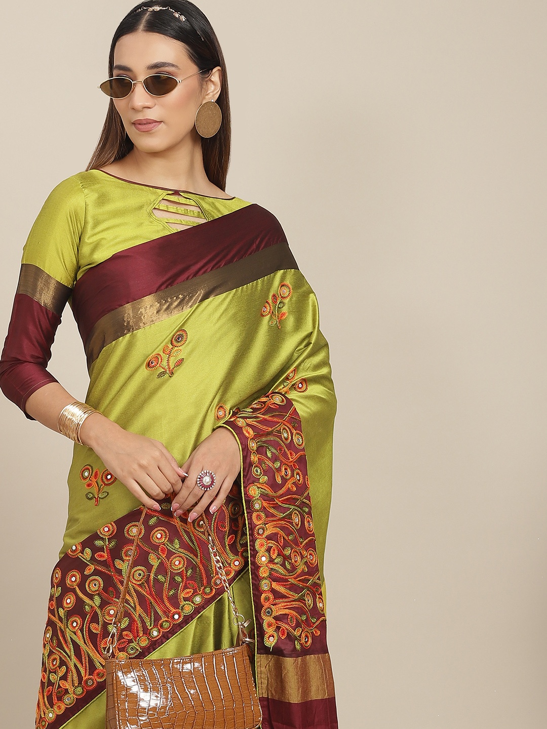 RAJGRANTH Lime Green & Maroon Floral Mirror Work Silk Cotton Saree