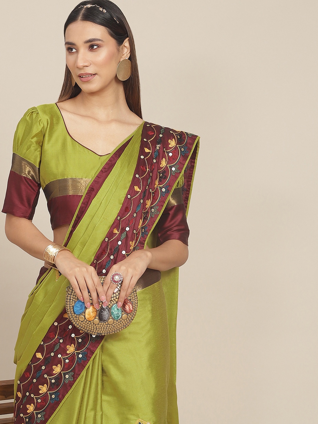 

RAJGRANTH Lime Green & Maroon Floral Sequinned Silk Cotton Saree