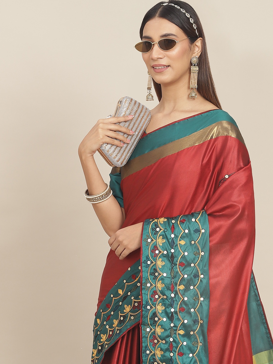 

RAJGRANTH Red & Blue Ethnic Motifs Sequinned Silk Cotton Saree