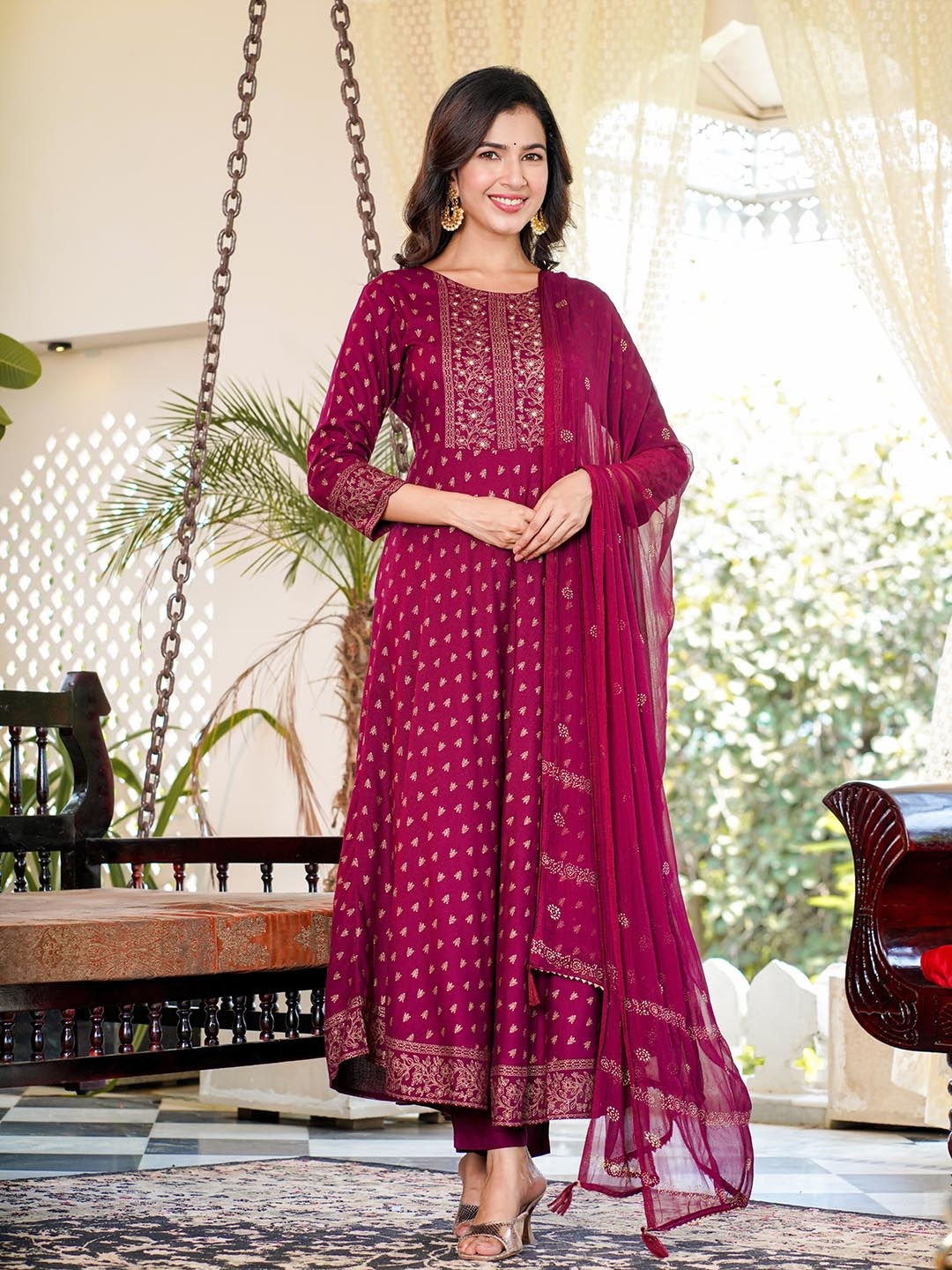 

Yufta Women Burgundy Ethnic Motifs Printed Mirror Work Kurta with Trousers & With Dupatta