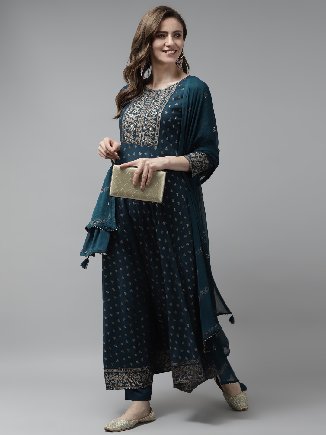 

Yufta Women Teal Ethnic Motifs Printed Mirror Work Kurta with Trousers & With Dupatta