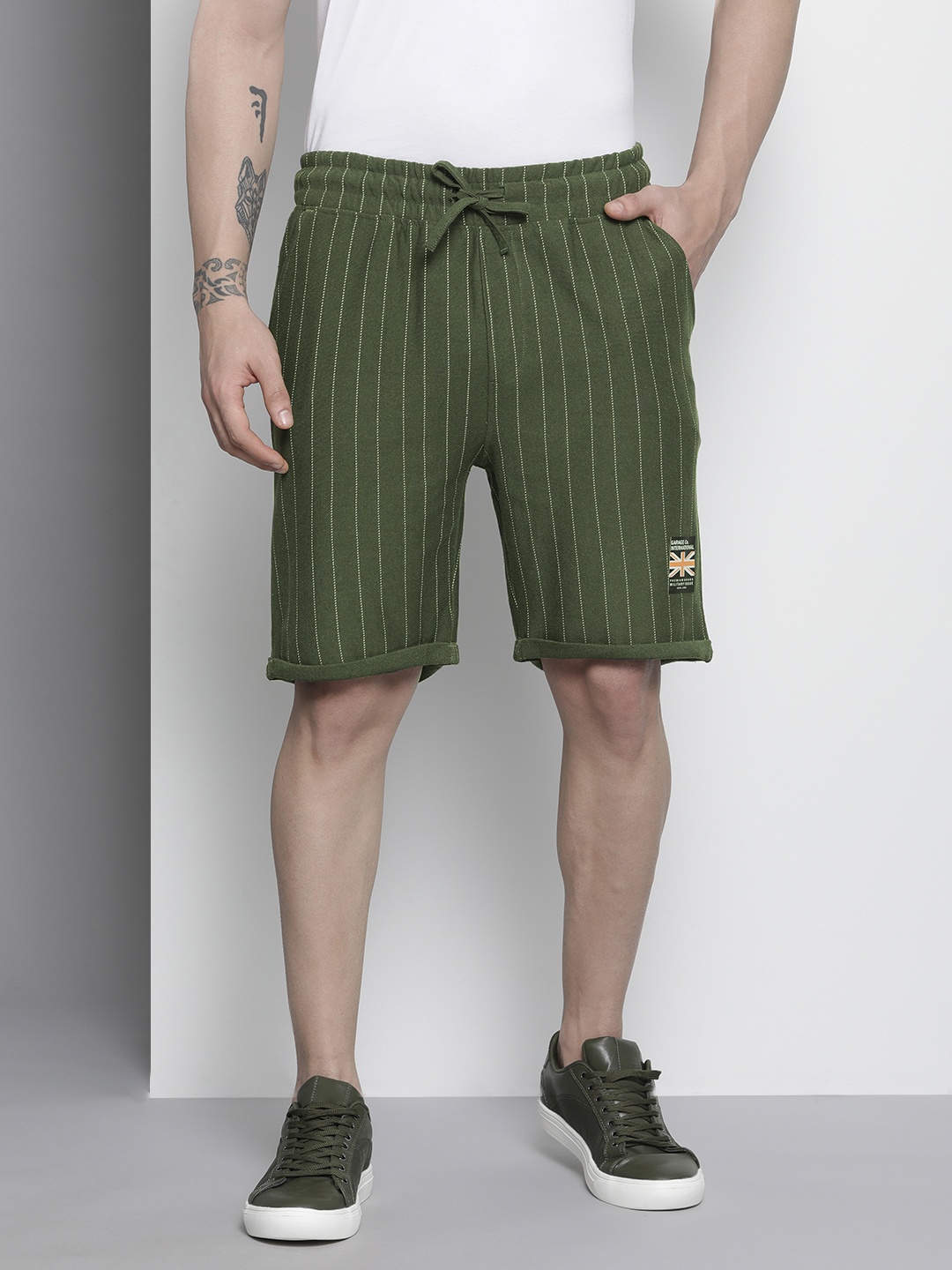 

The Indian Garage Co Men Olive Green Striped Shorts