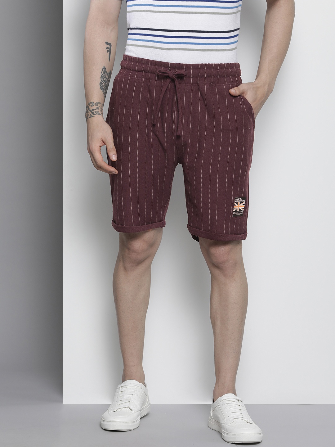 

The Indian Garage Co Men Maroon Striped Shorts