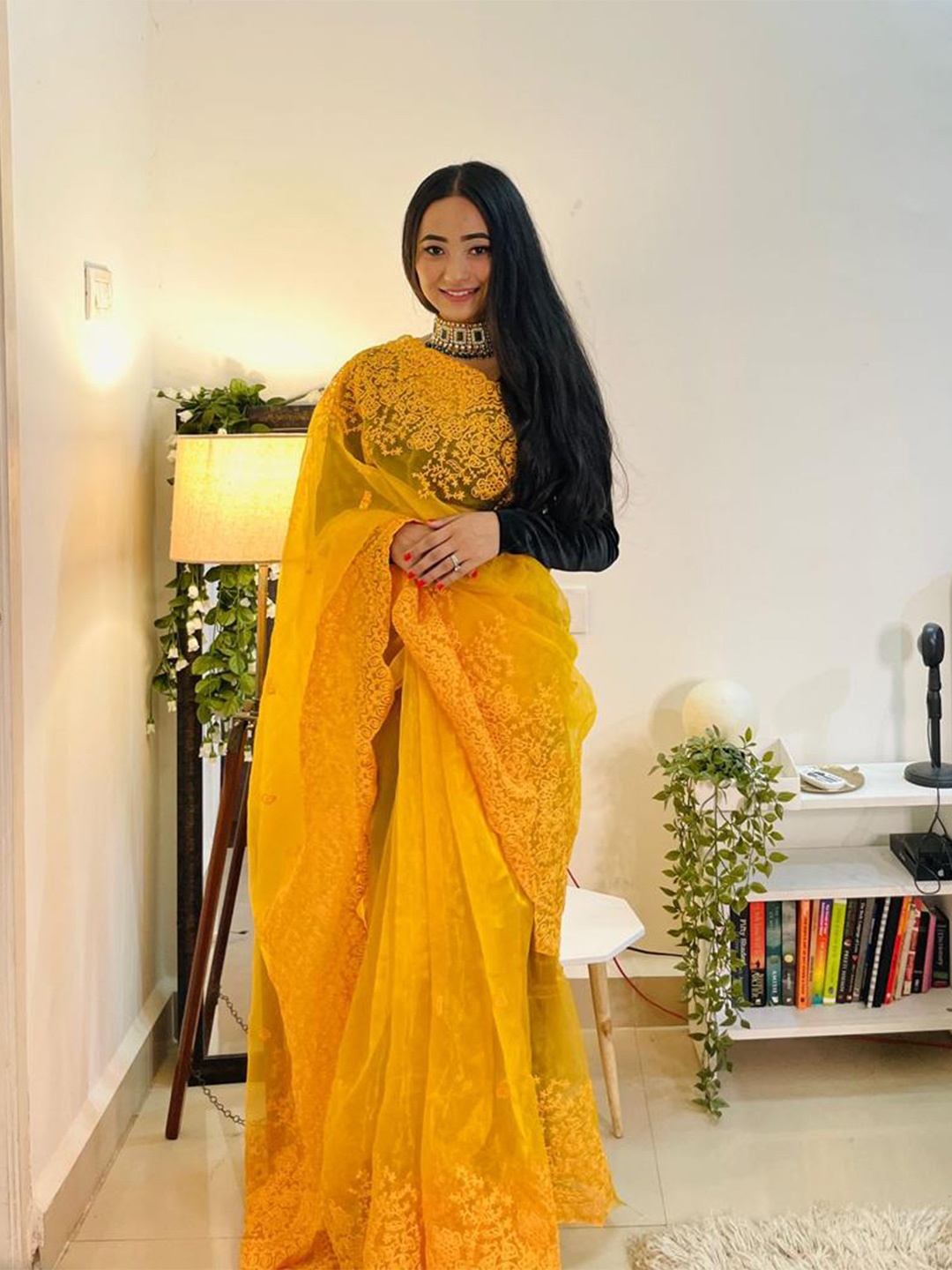 

Mitera Mustard Floral Embroidered Organza Saree