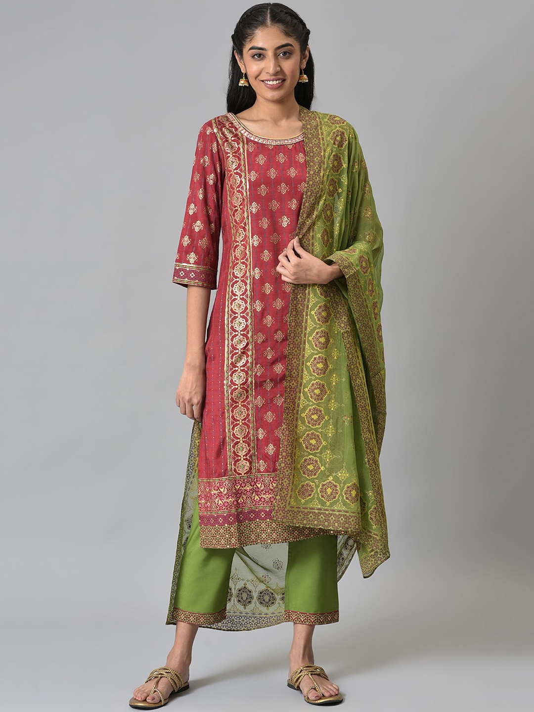 

Aurelia Women Red Floral Print Viscose Kurta Set with Trousers & Dupatta